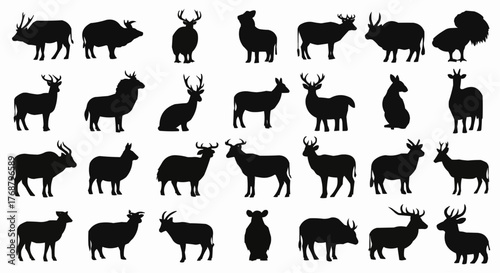 Silhouette collection of various animals including deer, buffalo, sheep, and other horned creatures