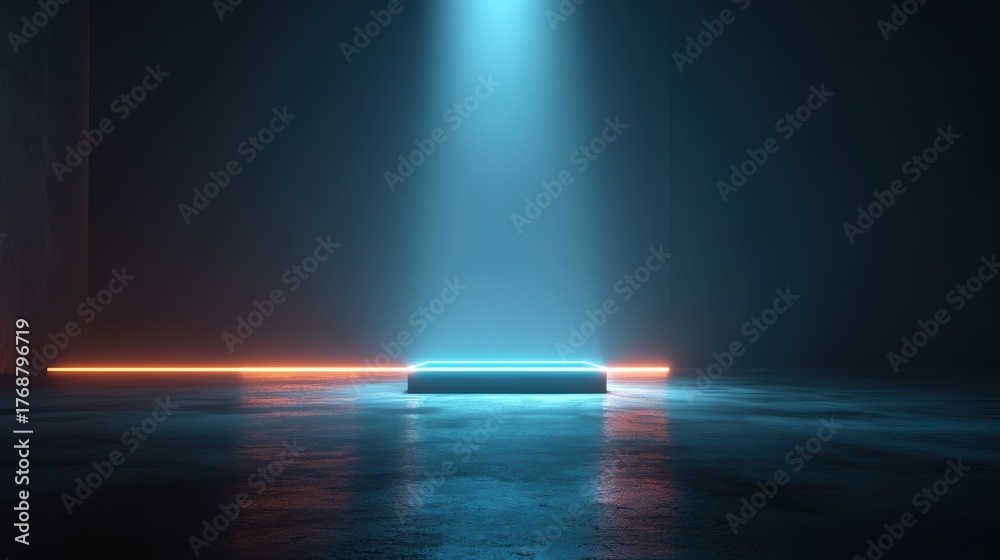 Obraz premium 3d technology abstract neon light background, empty space scene, spotlight, dark night, virtual reality, cyber futuristic sci-fi background, street floor studio for mock up. colored geometric