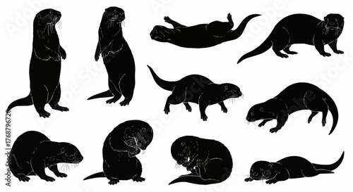 Silhouette illustration of multiple otters in various poses against a white background design art work