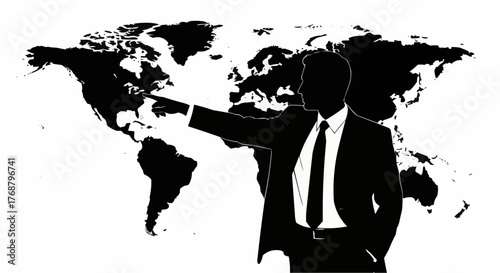 Silhouette of a businessman pointing at north america on a world map in black and white illustration