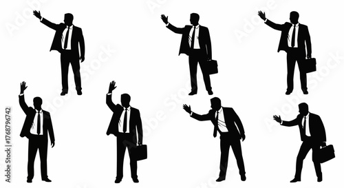 Silhouettes of business people in suits waving with briefcases in various poses and angles isolated on white