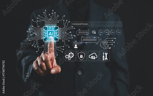 Chat with AI or Artificial Intelligence technology. Woman touching chatting virtual with intelligent artificial intelligence asks for answers he wants. Smart assistant futuristic, Chatbot,