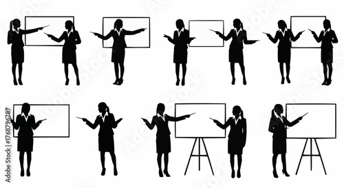Silhouettes of business women presenting near whiteboards in various poses and presentation styles
