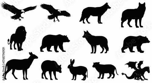 Silhouette illustration featuring eagles, wolves, bears, lion, deer, rabbit, sheep and dragon