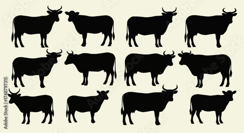 Silhouette pattern featuring multiple cows standing in various positions on a light background farm animals