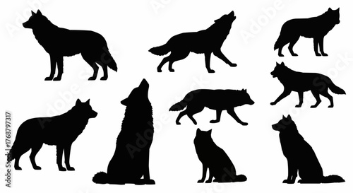 Silhouette depictions of wolves in various poses including standing howling and sitting in black color