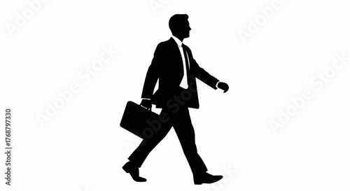 Silhouette of a businessman walking with a briefcase in hand on a white background in a side view