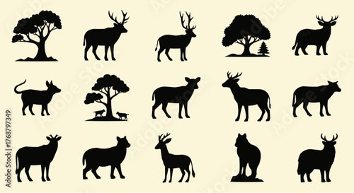 Silhouettes of trees and various animals including deer dog and cow arranged in a grid pattern