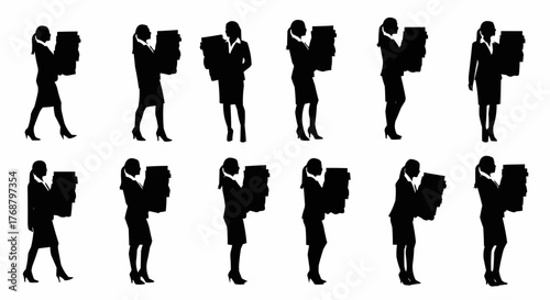 Silhouettes of businesswomen carrying stacks of paperwork in various standing and walking poses on white background