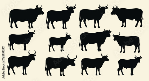 Silhouette pattern of cattle with varying horn shapes and sizes arranged in rows on light background