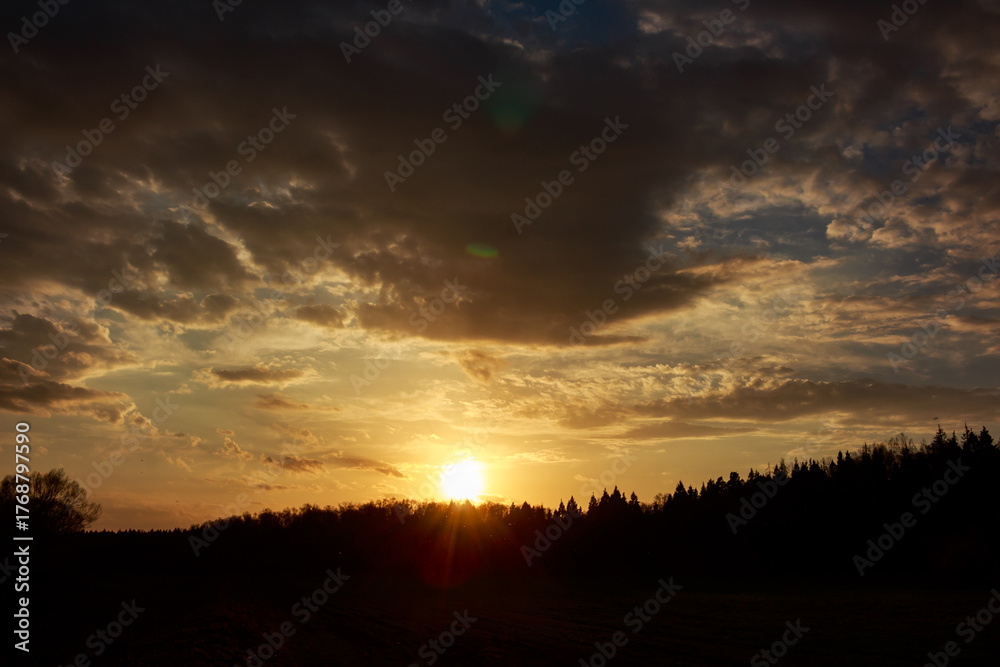 Obraz premium Simply gorgeous evening sunset painting the sky with warm golden hues above a serene forest silhouette and field