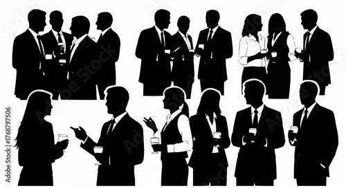 Silhouette of business people networking and socializing at a corporate event with drinks in hand
