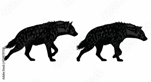 Two hyenas in silhouette walking side by side in a white background with dark spots on their bodies