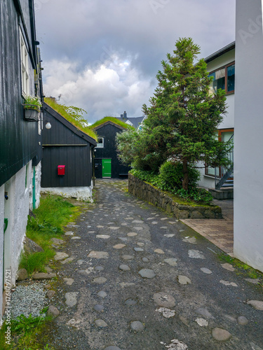 Charming cobblestone alley with traditional wooden houses