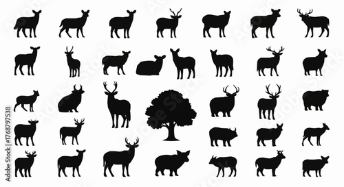 Silhouette illustration featuring a diverse group of deer and other animals with a tree in the center