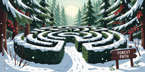 Winter Forest Maze Path with Snow Covered Hedges and Pine Trees, Scenic Nature Illustration, Adventure Puzzle Concept