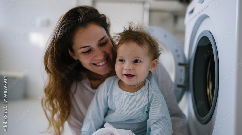 Fototapeta premium Young mother doing laundry with her baby sitting on the floor near washing machine, playful moment as the baby wears a shirt on the head and laughs, warm family atmosphere in brigh