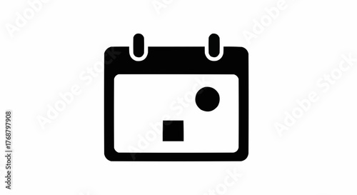 Black and white calendar icon with a circle and a square marking a specific date or event planned