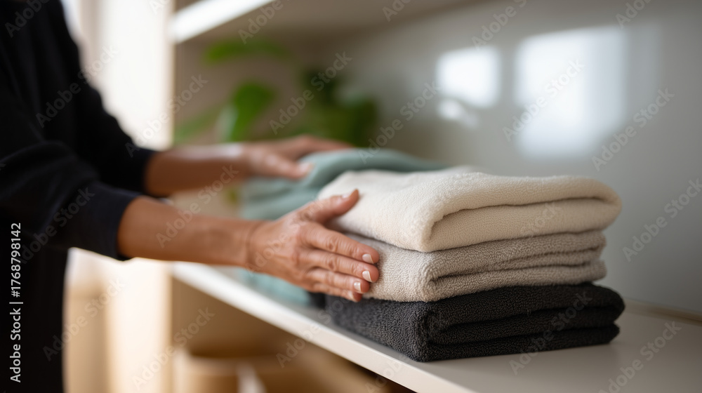 Obraz premium professional housekeeper placing neatly folded towels on organized shelf, light and airy pastel photo, soft daylight, clean modern home interior, warm neutral palette, minimal comp
