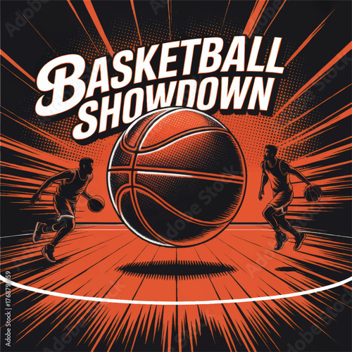 Dynamic Basketball Showdown Poster Illustration – Basketball Court, Athletes in Action, Retro Comic Style, Orange and Black Art