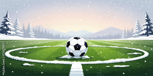 Soccer Ball on Winter Field, Snowfall in Scenic Pine Forest Landscape, Idyllic Seasonal Sports Illustration