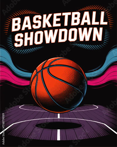 Dynamic Basketball Showdown Poster Illustration with Vibrant Retro Colors, Basketball Court, and Bold Typography