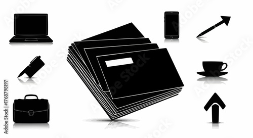 Illustration showing laptop, documents, phone, pen, arrow, coffee, briefcase and up arrow icon