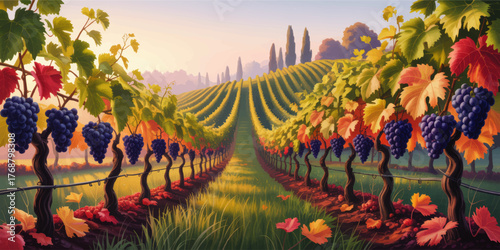 Lush Autumn Vineyard Landscape with Ripe Purple Grapes, Colorful Leaves, Rolling Hills, and Sunrise – Idyllic Countryside Illustration