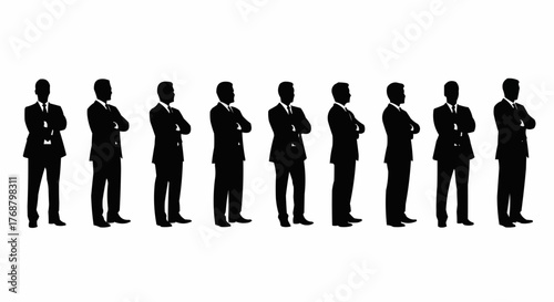 Silhouettes of eight men in suits standing side by side with arms crossed against a white background
