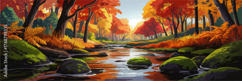Vibrant Autumn Forest Stream Illustration with Colorful Foliage, Sunlight, Mossy Rocks, and Tranquil Water for Nature-Themed Designs