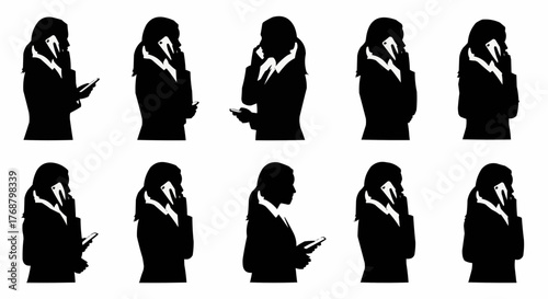 Silhouettes of women in business attire using cellphones in various poses and holding smartphones