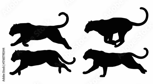 Four black panther silhouettes in various running poses on a white background image illustration