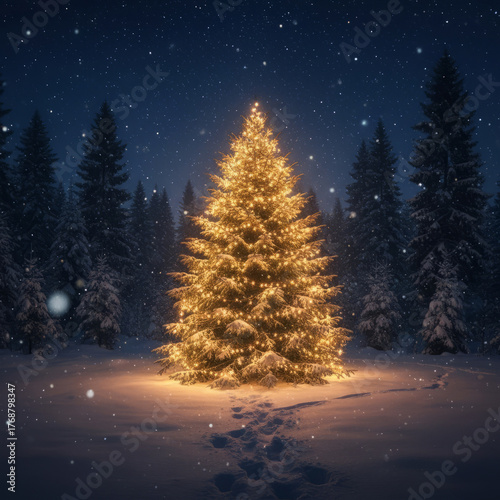 Illuminated Christmas tree glows in a snowy forest at night beneath a starry sky, warm lights contrasting the deep blue winter landscape.