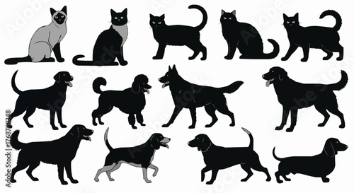 Illustrative depiction showing various breeds of cats and dogs in silhouette style on a white background