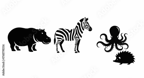 A collection of animal silhouettes featuring a hippo zebra octopus and hedgehog in black color on white
