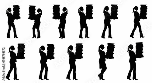 Silhouette pattern of businesswomen carrying large stacks of paperwork in a repetitive arrangement