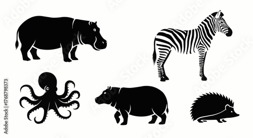 Illustrative monochrome depiction of a hippo zebra octopus hedgehog and another hippo animal group
