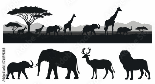 Silhouette of african wildlife featuring elephants giraffes lions and deer in a landscape scene