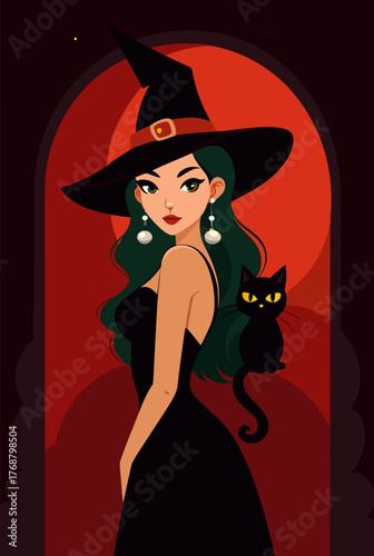Elegant Witch with Black Cat on Halloween Night