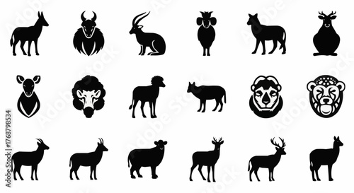 Collection of silhouette style animal icons featuring various mammals and ungulates in black color