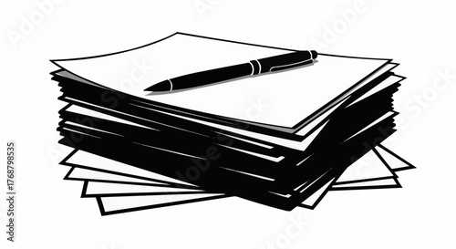 Illustration of a pen resting on top of a stack of paper sheets in black and white minimalist style