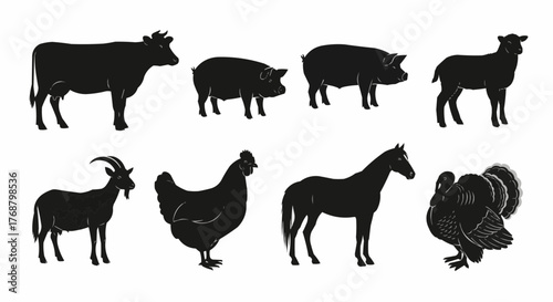 Silhouette illustration of farm animals including cow pig sheep goat chicken horse and turkey in a row