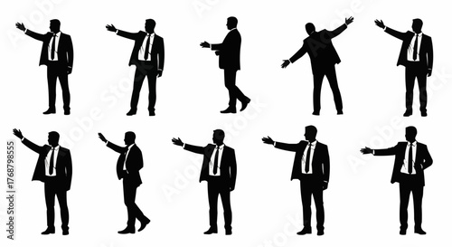 Silhouette illustrations of men in suits pointing or gesturing on a white background showing direction