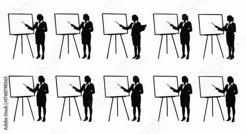 Silhouette of businesswomen presenting on whiteboards in a row, isolated on a white background design art