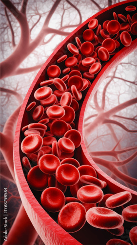 Detailed 3D Illustration of Red Blood Cells Flowing Inside Human Vein or Artery with Vascular Background for Medical and Scientific Use