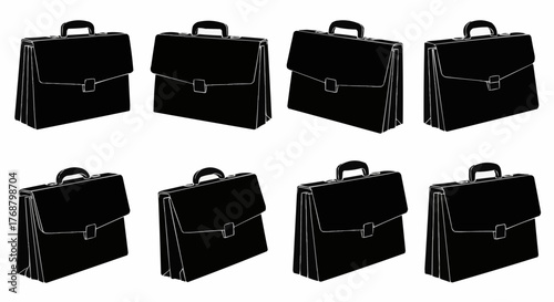 Eight black briefcases arranged in two rows on a white background in a repeating pattern design