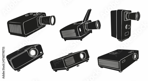 Illustration of multiple black and white projectors with different designs and lens sizes displayed