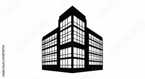 Black silhouette of a modern building with multiple windows and a unique rooftop structure design element