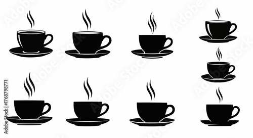 Collection of black coffee cups with steam on saucers arranged on a white background in a pattern