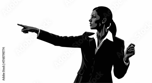 Illustration of a businesswoman in a suit pointing forward with determination and a focused expression on her face